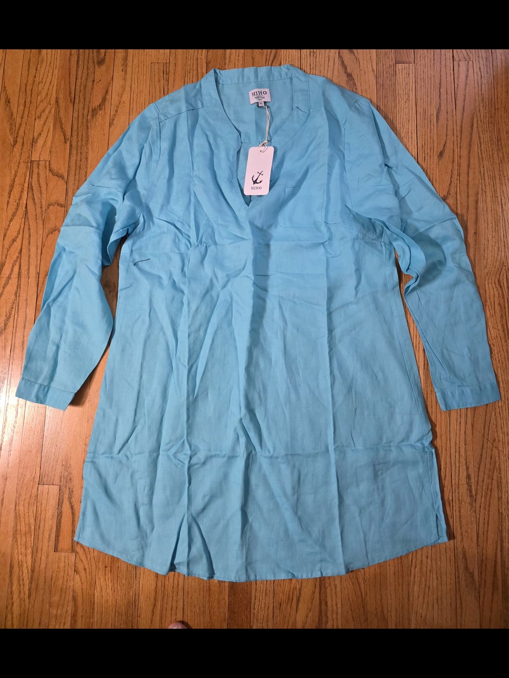 Hiho Bananakeet Dress Light Teal/Blue V-Neck Linen Tunic Dress - Picture 2 of 6